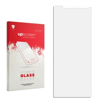Front side of a product packaging with the brand logo upscreen. Next to it is the corresponding screen protector.