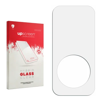 Front side of a product packaging with the brand logo upscreen. Next to it is the corresponding screen protector.