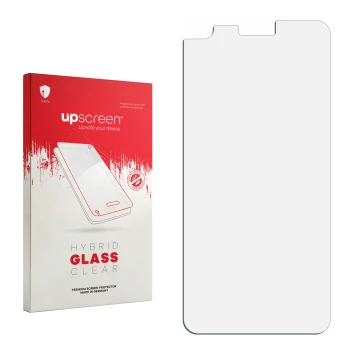 Front side of a product packaging with the brand logo upscreen. Next to it is the corresponding screen protector.