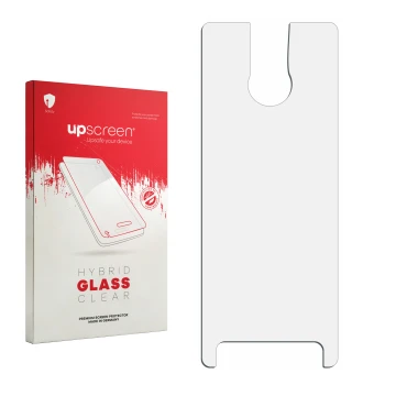 Front side of a product packaging with the brand logo upscreen. Next to it is the corresponding screen protector.