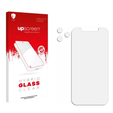 Front side of a product packaging with the brand logo upscreen. Next to it is the corresponding screen protector.