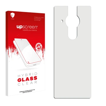 Front side of a product packaging with the brand logo upscreen. Next to it is the corresponding screen protector.