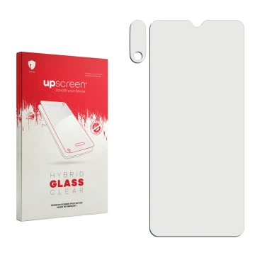 Front side of a product packaging with the brand logo upscreen. Next to it is the corresponding screen protector.