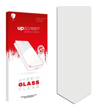 Front side of a product packaging with the brand logo upscreen. Next to it is the corresponding screen protector.