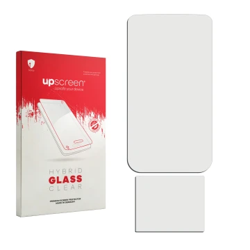 Front side of a product packaging with the brand logo upscreen. Next to it is the corresponding screen protector.