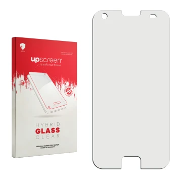 Front side of a product packaging with the brand logo upscreen. Next to it is the corresponding screen protector.
