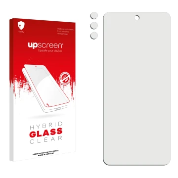 Front side of a product packaging with the brand logo upscreen. Next to it is the corresponding screen protector.
