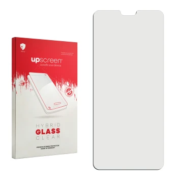 Front side of a product packaging with the brand logo upscreen. Next to it is the corresponding screen protector.