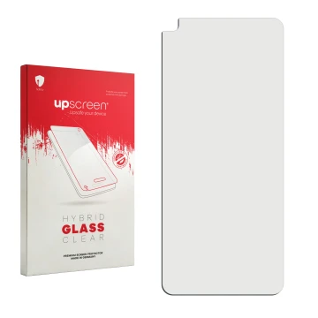 Front side of a product packaging with the brand logo upscreen. Next to it is the corresponding screen protector.