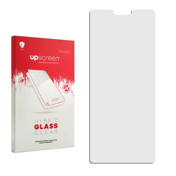 Front side of a product packaging with the brand logo upscreen. Next to it is the corresponding screen protector.