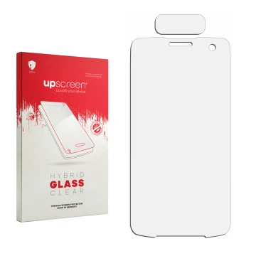 Front side of a product packaging with the brand logo upscreen. Next to it is the corresponding screen protector.