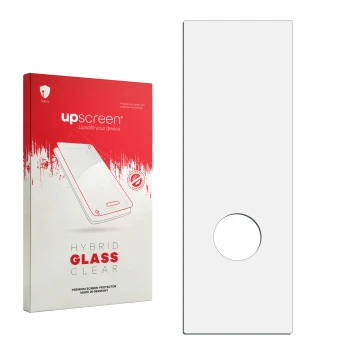Front side of a product packaging with the brand logo upscreen. Next to it is the corresponding screen protector.