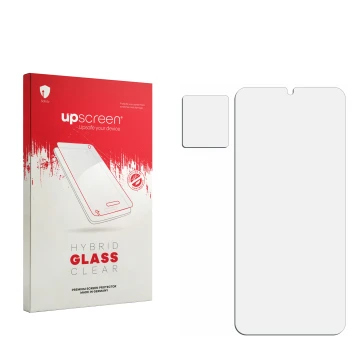 Front side of a product packaging with the brand logo upscreen. Next to it is the corresponding screen protector.