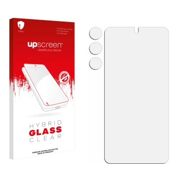 Front side of a product packaging with the brand logo upscreen. Next to it is the corresponding screen protector.