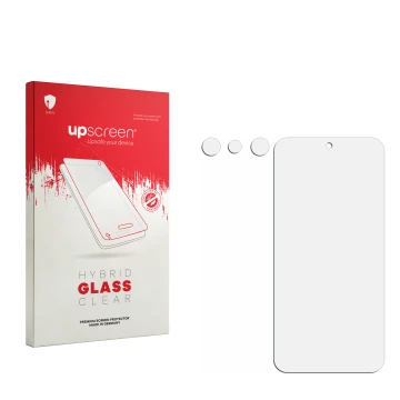 Front side of a product packaging with the brand logo upscreen. Next to it is the corresponding screen protector.