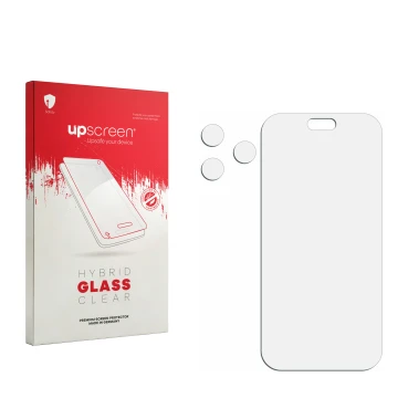 Front side of a product packaging with the brand logo upscreen. Next to it is the corresponding screen protector.