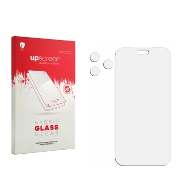 Front side of a product packaging with the brand logo upscreen. Next to it is the corresponding screen protector.