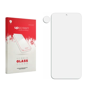 Front side of a product packaging with the brand logo upscreen. Next to it is the corresponding screen protector.