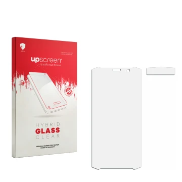 Front side of a product packaging with the brand logo upscreen. Next to it is the corresponding screen protector.