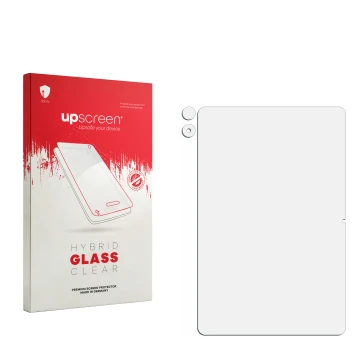 Front side of a product packaging with the brand logo upscreen. Next to it is the corresponding screen protector.