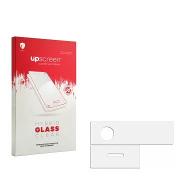 Front side of a product packaging with the brand logo upscreen. Next to it is the corresponding screen protector.