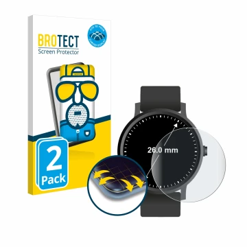 Front side of a product packaging with the brand logo BROTECT. Next to it is the device Watches (Circular, ø: 26 mm) shown wit