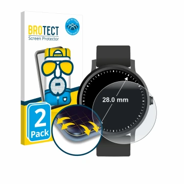 Front side of a product packaging with the brand logo BROTECT. Next to it is the device Watches (Circular, ø: 28 mm) shown wit