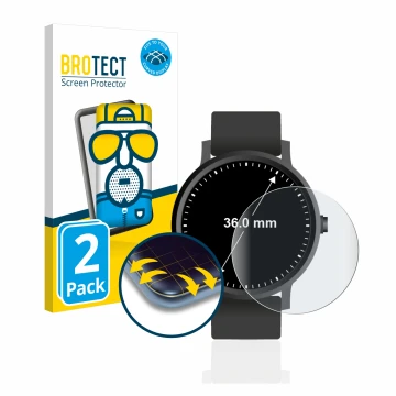 Front side of a product packaging with the brand logo BROTECT. Next to it is the device Watches (Circular, ø: 36 mm) shown wit