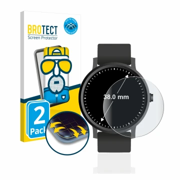 Front side of a product packaging with the brand logo BROTECT. Next to it is the device Watches (Circular, ø: 38 mm) shown wit