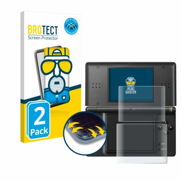 Front side of a product packaging with the brand logo BROTECT. Next to it is the device Nintendo DS LITE shown with the corres