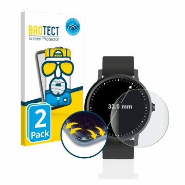 Front side of a product packaging with the brand logo BROTECT. Next to it is the device Watches (Circular, ø: 33 mm) shown wit
