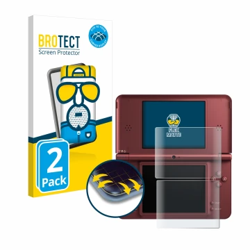 Front side of a product packaging with the brand logo BROTECT. Next to it is the device Nintendo DSi XL shown with the corresp