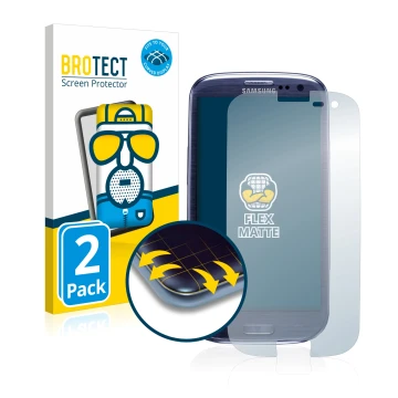 Front side of a product packaging with the brand logo BROTECT. Next to it is the device Samsung Galaxy S3 I9300 shown with the