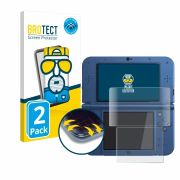 Front side of a product packaging with the brand logo BROTECT. Next to it is the device Nintendo New 3DS XL shown with the cor