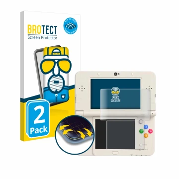 Front side of a product packaging with the brand logo BROTECT. Next to it is the device Nintendo New 3DS shown with the corres