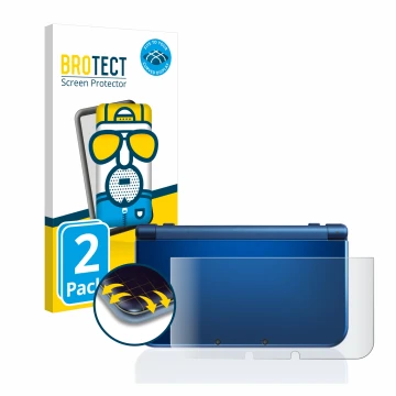 Front side of a product packaging with the brand logo BROTECT. Next to it is the device Nintendo New 3DS XL (housing) shown wi