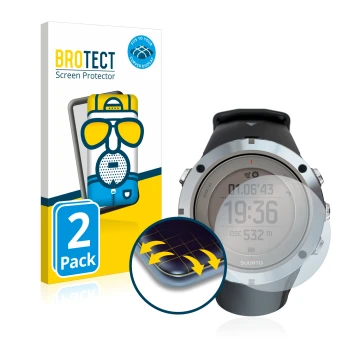 Front side of a product packaging with the brand logo BROTECT. Next to it is the device Suunto Ambit3 Peak Sapphire shown with