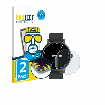 Front side of a product packaging with the brand logo BROTECT. Next to it is the device Watches (Circular, ø: 45 mm) shown wit