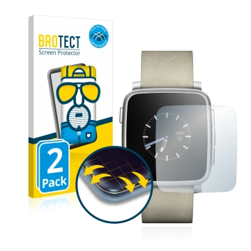 Front side of a product packaging with the brand logo BROTECT. Next to it is the device Pebble Time Steel shown with the corre