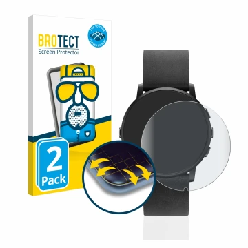 Front side of a product packaging with the brand logo BROTECT. Next to it is the device Pebble Time Round shown with the corre