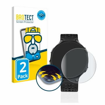 Front side of a product packaging with the brand logo BROTECT. Next to it is the device Garmin Forerunner 235 shown with the c