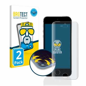 Front side of a product packaging with the brand logo BROTECT. Next to it is the device Apple iPhone SE 2016 shown with the co