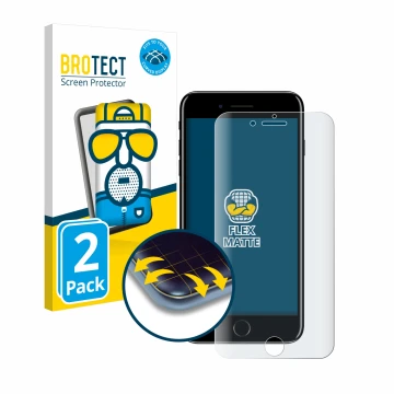 Front side of a product packaging with the brand logo BROTECT. Next to it is the device Apple iPhone 7 Plus shown with the cor