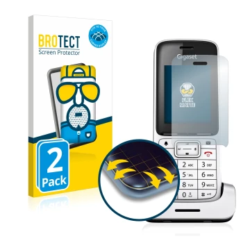 Front side of a product packaging with the brand logo BROTECT. Next to it is the device Gigaset SL450HX shown with the corresp