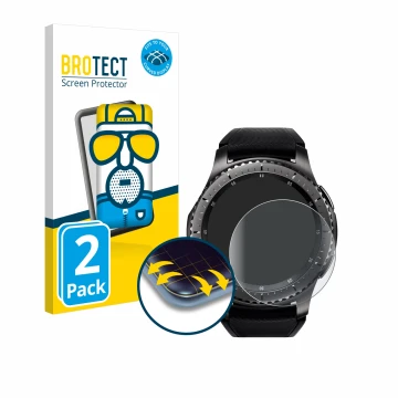 Front side of a product packaging with the brand logo BROTECT. Next to it is the device Samsung Gear S3 Frontier shown with th