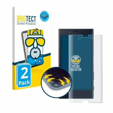 Front side of a product packaging with the brand logo BROTECT. Next to it is the device Sony Xperia X Compact shown with the c