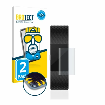 Front side of a product packaging with the brand logo BROTECT. Next to it is the device Fitbit Charge 2 shown with the corresp