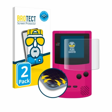 Front side of a product packaging with the brand logo BROTECT. Next to it is the device Nintendo Gameboy Color shown with the 