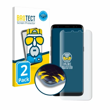 Front side of a product packaging with the brand logo BROTECT. Next to it is the device Samsung Galaxy S8 shown with the corre