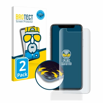 Front side of a product packaging with the brand logo BROTECT. Next to it is the device Apple iPhone X shown with the correspo